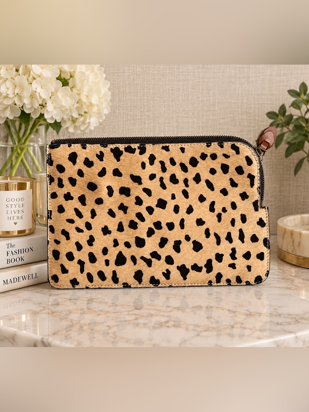 Madewell Leopard Calf Hair Leather Zip Pouch Wallet Clutch